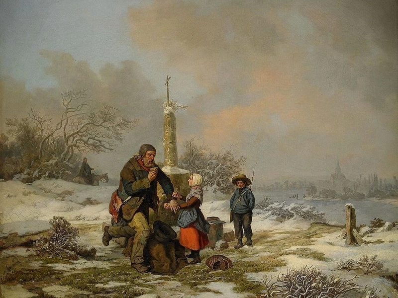 1812-Petter Gabriel Wickenberg - Paesaggio invernale con uomo e bambini presso un altare stradale (1840)